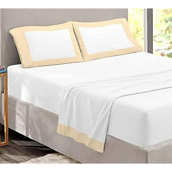 Sheet Set with Dual Color, 4 PC Stylish Bedding with 24" Deep Pockets, 100% Egyptian Soft & Luxury 400TC, Two Tone Cotton Bedsheets & Pillowcases - Ivory & White Solid, Queen Size.
