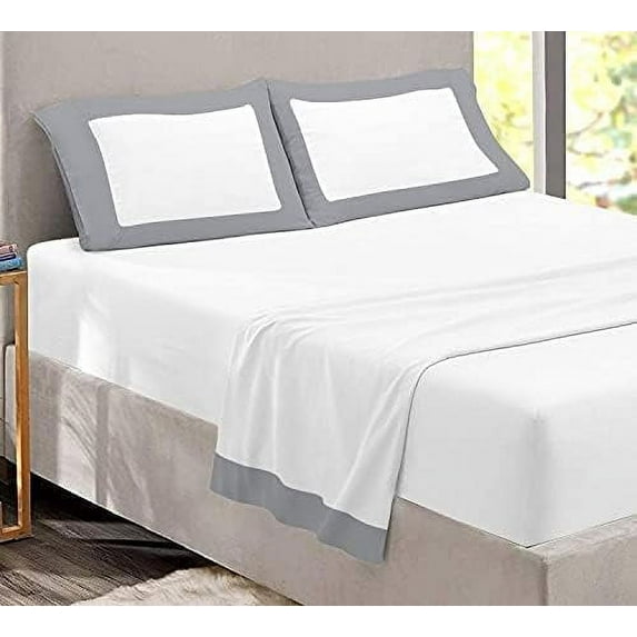 Sheet Set with Dual Color, 4 PC Stylish Bedding with 24" Deep Pockets, 100% Egyptian Soft & Luxury 400TC, Two Tone Cotton Bedsheets & Pillowcases - Light Grey & White Solid, Queen Size.