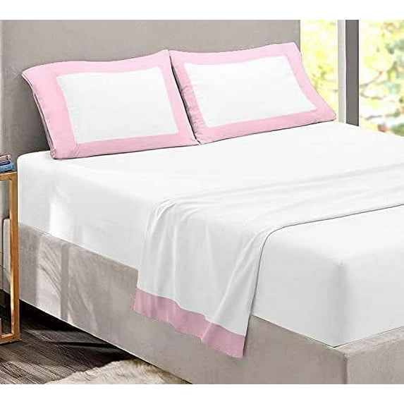 Sheet Set with Dual Color, 4 PC Stylish Bedding with 30" Deep Pockets, 100% Egyptian Soft & Luxury 400TC, Two Tone Cotton Bedsheets & Pillowcases - Pink & White Solid, Full Size.