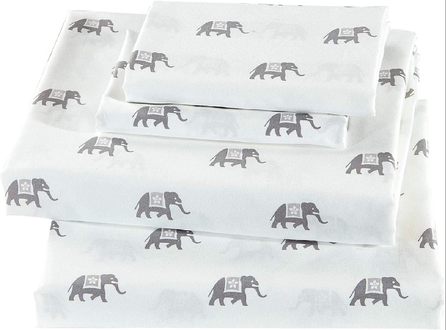 Sheet Set Elephant Grey/ White Elephants Flat Sheet Fitted Sheet and