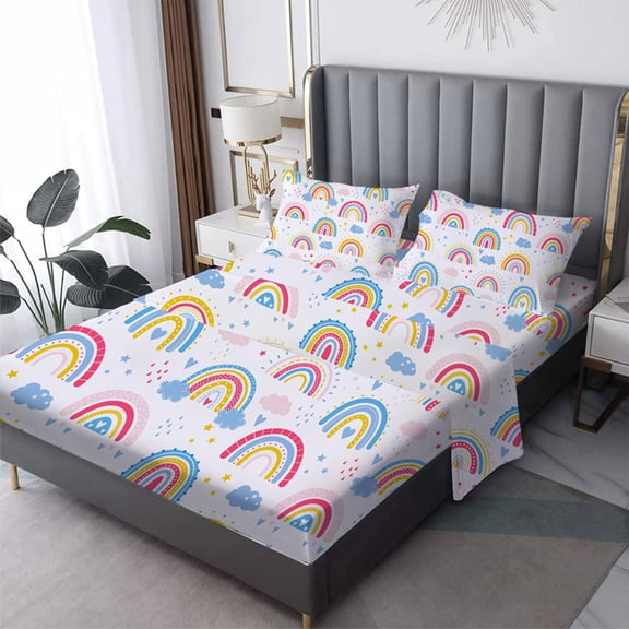 Sheet Set for Girls Teen Kids Rainbow Sheets Queen Size Cartoon Fun Pattern Bedsheets Soft Microfiber Easy Care Deep Pocket Bed Sheet Set 1 Fitted Sheet + 1 Flat Sheet + 2Pillow Case