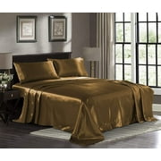 Sheet Set Hotel Quality Silky Soft Luxurious Satin 6 Pc Sheet Set Wrinkle & Fade Resistant, Silk Flat Sheet & Pillowcases Set with 19 Inch Dp