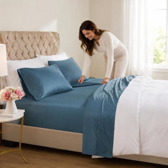 Sheet Set, Queen Size, Cooling Cotton Blend, 4-Piece, Teal, 600 Thread Count, Deep Pocket Fit