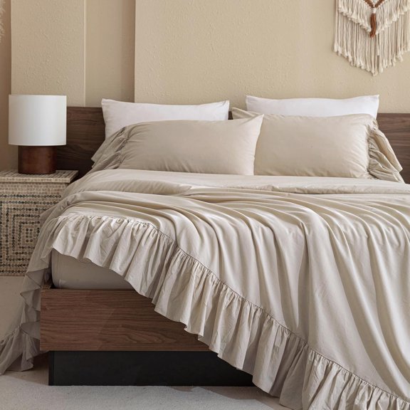 Sheet Set,Ruffle Bed Sheets Linen Feel Textured Shabby Chic Bedding 4 count Aesthetic Country Bed Set Soft Breathable