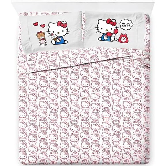 Sheet Set with Fitted, Flat Sheets & Pillow Cover - Ultra-Soft Bedding with Pillowcase for Room Decor, Red - Hello Kitty, 4 Piece Full