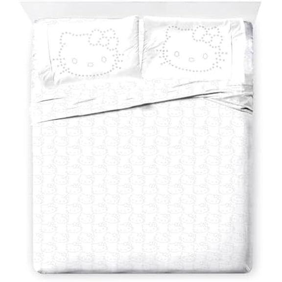 Sheet Set with Fitted, Flat Sheets & Pillow Cover - Ultra-Soft Bedding with Pillowcase for Room Decor, White - Hello Kitty, 4 Piece Full