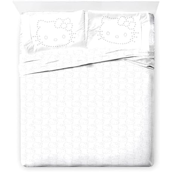 Sheet Set with Fitted, Flat Sheets & Pillow Cover - Ultra-Soft Bedding with Pillowcase for Room Decor, White - Hello Kitty, 4 Piece Queen