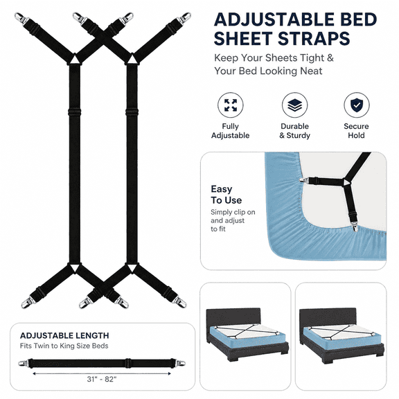 2 Pcs Adjustable Bed Sheet Straps, Stretches 29.5 to 82.7 in for Crib to King Bed, Black