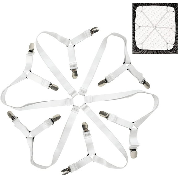 Sheet Straps Bed Sheet Holder Straps, Fitted Sheet Clips Adjustable Elastic Crisscross Suspenders Bedding Accessories Bed Sheet Fasteners for Corners, Fit Round and Square Mattresses (3 Way White)
