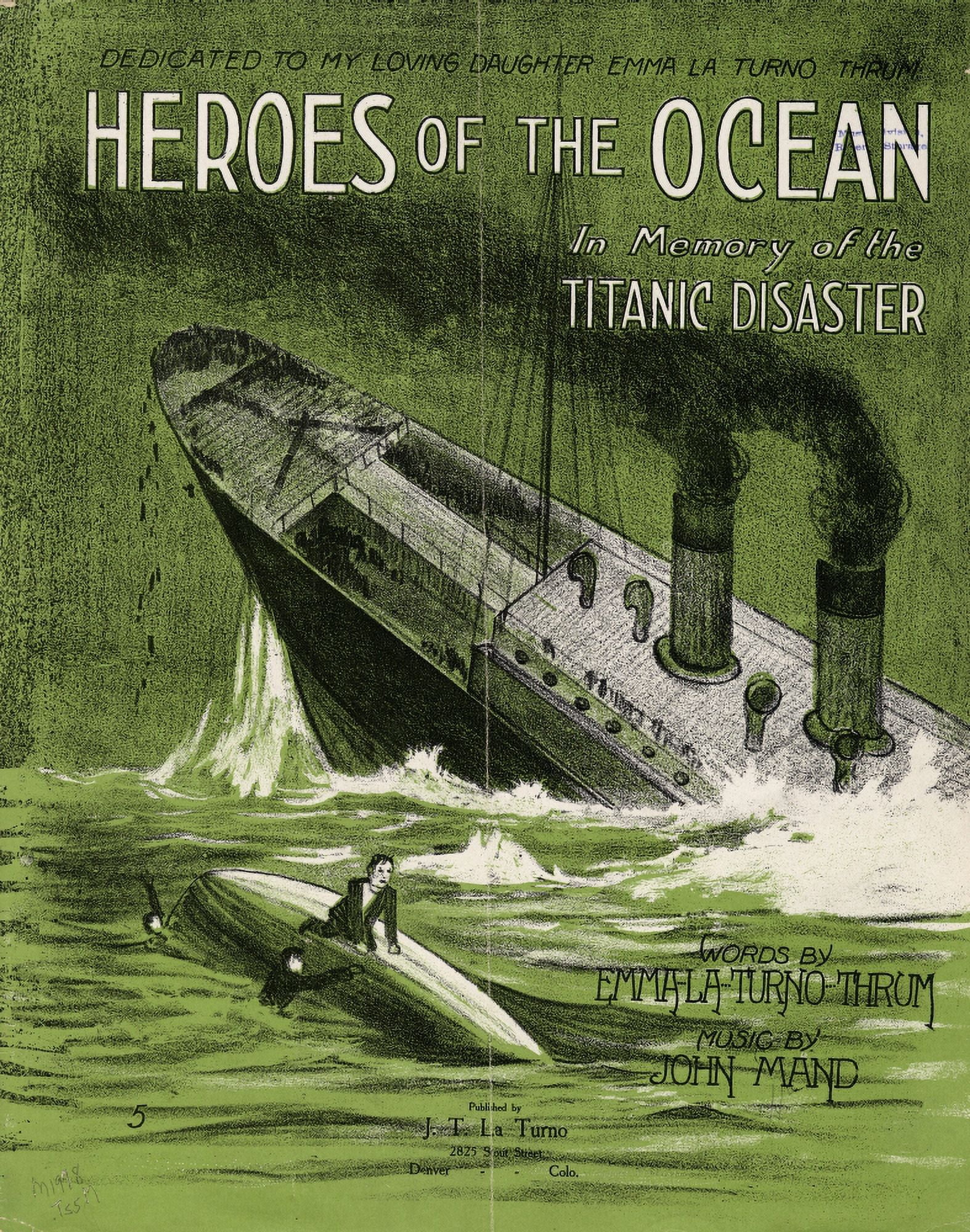 Sheet music Heroes of the Ocean 1912 Canvas Art - (24 x 36)