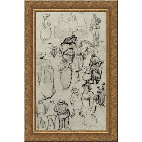 Sheet with Many Sketches of Figures 24x16 Gold Ornate Wood Framed Canvas Art by Vincent van Gogh