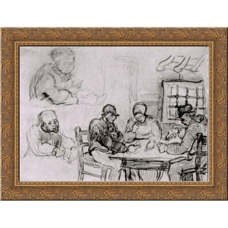 Sheet with Peasants Eating and Other Figures 24x18 Gold Ornate Wood Framed Canvas Art by Vincent van Gogh