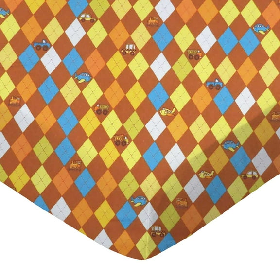 SheetWorld 100% Cotton Flannel Crib Sheet Set 28 x 52, Argyle Transport Brown - Includes Fitted, Flat, & Baby Pillow Case