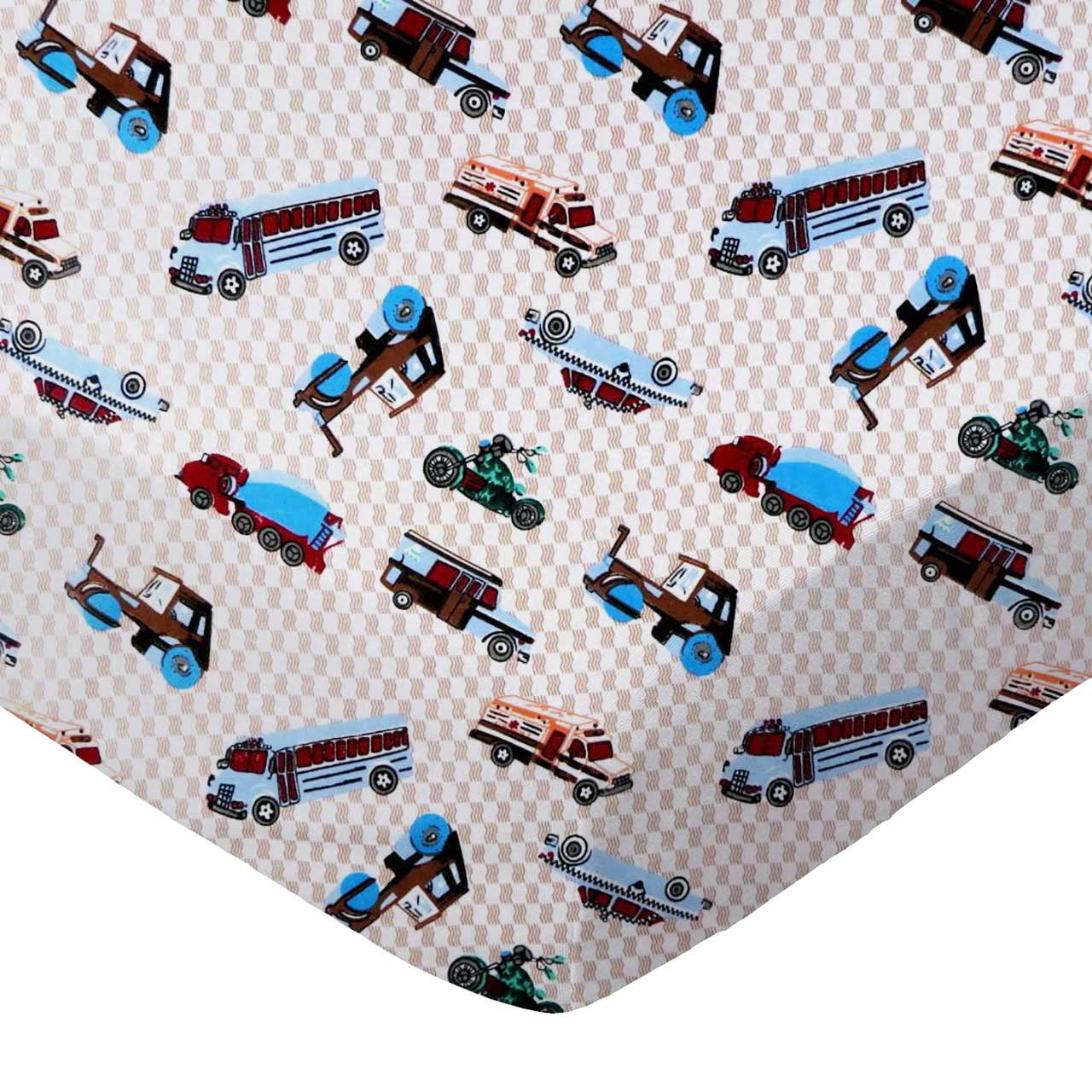 SheetWorld 100% Cotton Flannel Crib Sheet Set 28 x 52, Vehicles Ivory - Includes Fitted, Flat, & Baby Pillow Case