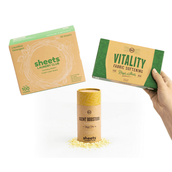 Sheets Laundry Club - All In One Laundry Kit.- Lightweight & Mess Free - Enjoy 50 Fast Dissolving Fresh Linen Laundry Sheets, 1- 8oz Sandbar Scent Booster Tube, 40 Plant Based Vitality Dryer Sheets