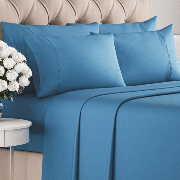 Sheets Set 6 Piece - Includes 4 Pillowcases - Bed Sheets Size - Soft Hotel Luxury Bedding - Cooling, Comfy, Cozy & Breathable - 1 Flat & 1 Fitted & 4 Pillowcases w/ Deep Pockets - Denim Blue