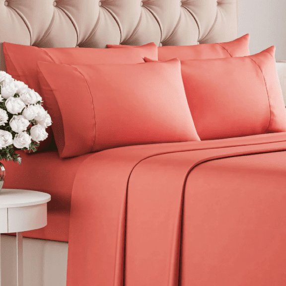 Sheets Set 6 Piece - Includes 4 Pillowcases - Bed Sheets Size - Soft Hotel Luxury Bedding - Cooling, Comfy, Fade Free & Breathable - 1 Flat & 1 Fitted & 4 Pillowcases w/ Deep Pockets - Coral