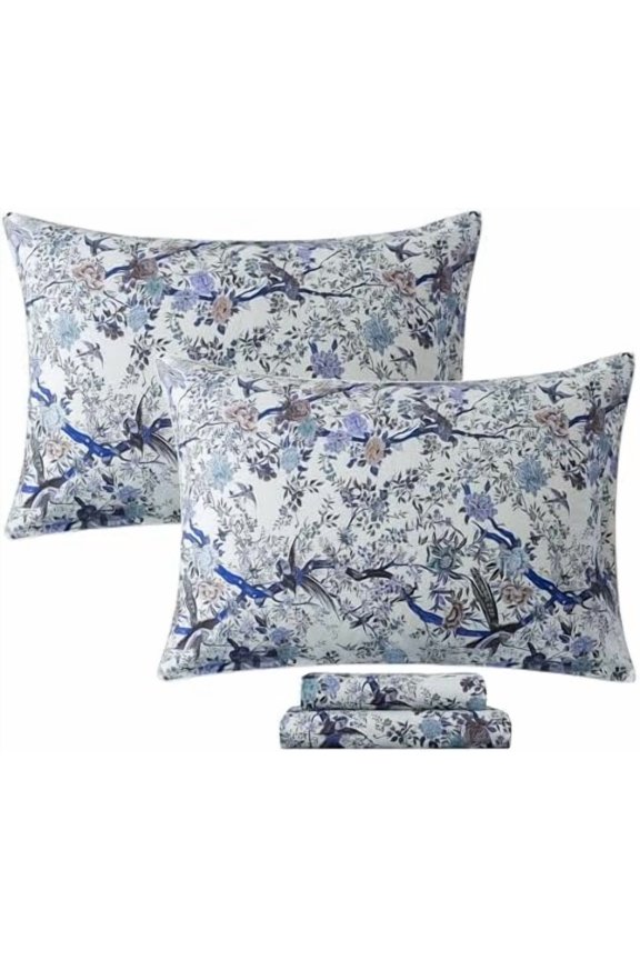 Sheets Set King Botanical Bird Floral Bed Sheets Set Vintage Blue Farmhouse Bedding Shabby Branches Bedding Collections 100% Egyptian Cotton Breathable Soft 17.7" Deep Pocket 4Pcs, King Size