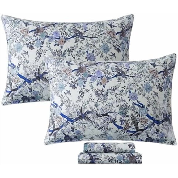 Sheets Set Queen Botanical Bird Floral Bed Sheets Set Vintage Blue Farmhouse Bedding Shabby Branches Bedding Collections 100% Egyptian Cotton Breathable Soft 17.7" Deep Pocket 4Pcs, Queen Size