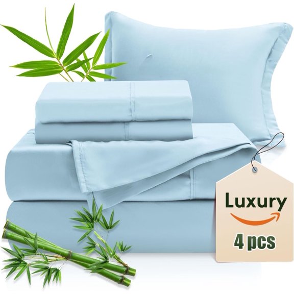 Sheets Sheets Set, Viscose Derived from Bed Sheet Set, Luxuriously Soft & Cooling,4 Pcs Bed Set with Deep Pockets,Wrinkle Free, Double Stitched Seams (Sky Blue )