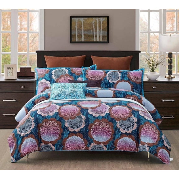 Sheetsnthings 100% Cotton Duvet Cover Set (King Size) Fantasy Floral Print 7pc Soft Bedding Set