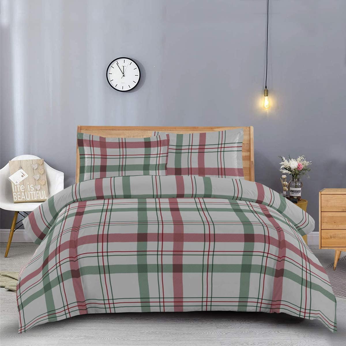 Sheetsnthings 7PC Heavyweight Flannel Bedding Set -Queen Size- Printed Dessines Plaid (Duvet Cover Set with Matching Bed Sheets)