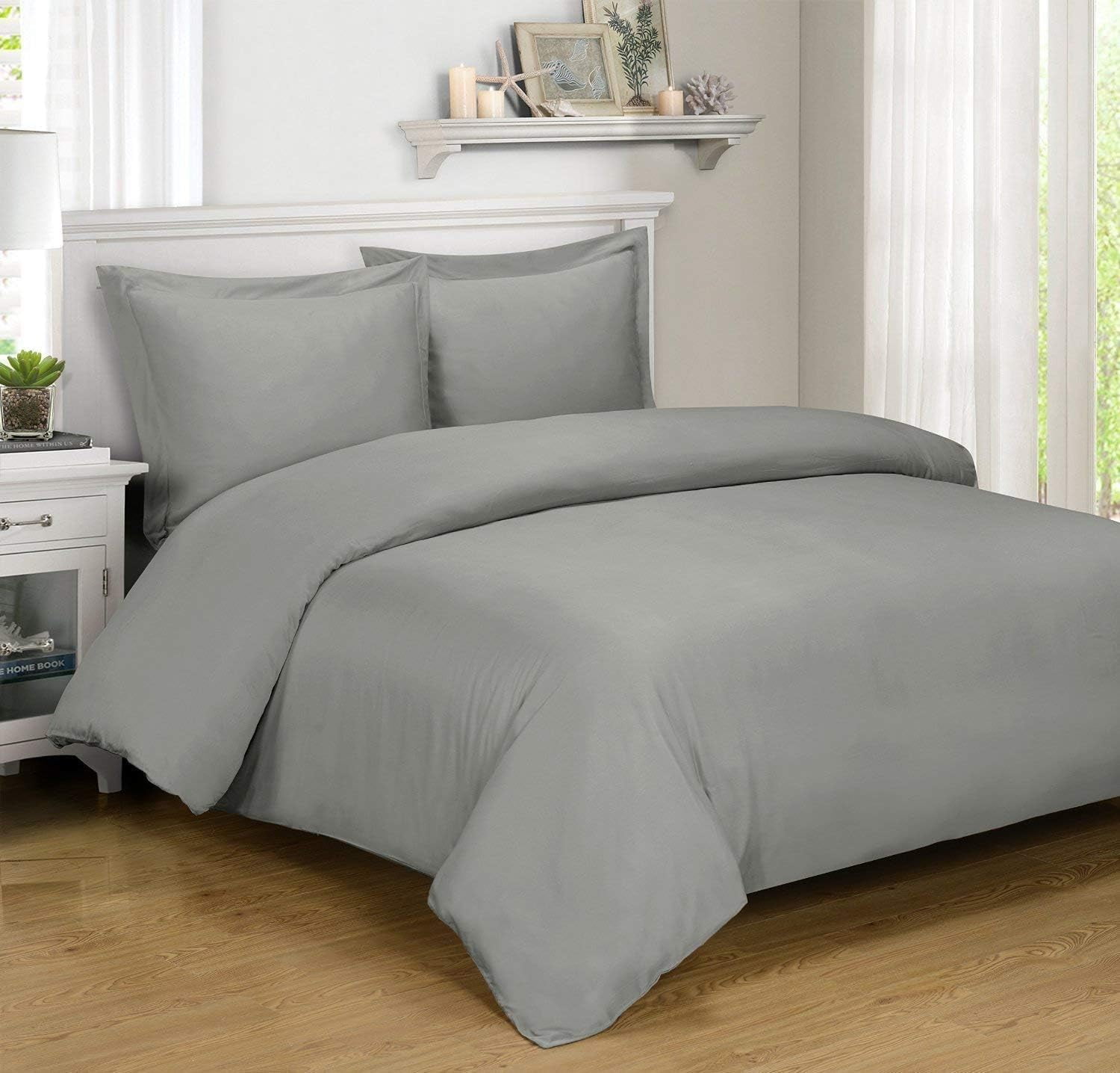 Sheetsnthings 8 Piece Bed in a Bag Queen Size Set Includes: Hybrid Bamboo-Cotton Blend, Solid Grey (Sheet Set + Duvet Cover Set) + All Season White Down Alternative Comforter
