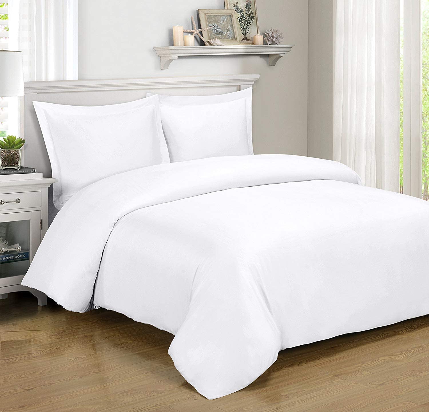 Sheetsnthings 8 Piece Bed in a Bag Queen Size Set Includes: Hybrid Bamboo-Cotton Blend, Solid White (Sheet Set + Duvet Cover Set) + All Season White Down Alternative Comforter