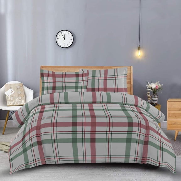 Sheetsnthings 8PC Heavyweight Flannel Bed in a Bag -California King Size- Printed Dessines Plaid (Duvet Cover Set with Matching Bed Sheets) Including White Down Alternative Comforter