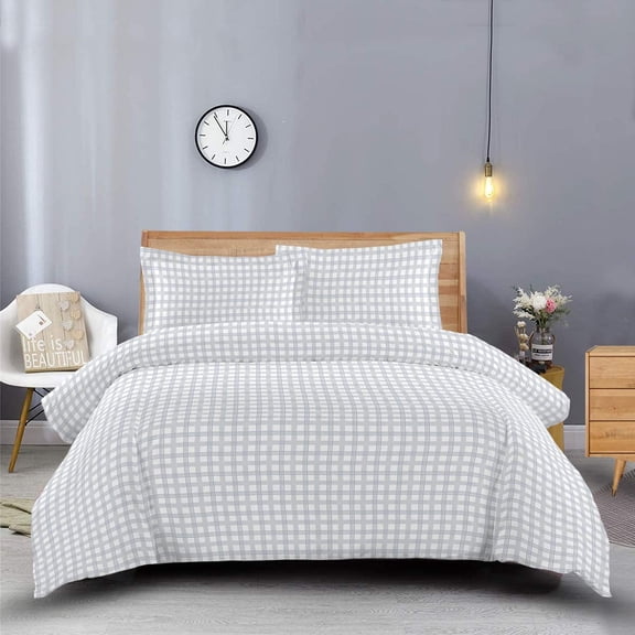 Sheetsnthings 8PC Heavyweight Flannel Bed in a Bag -King Size- Printed Grey Check (Duvet Cover Set with Matching Bed Sheets) Including White Down Alternative Comforter