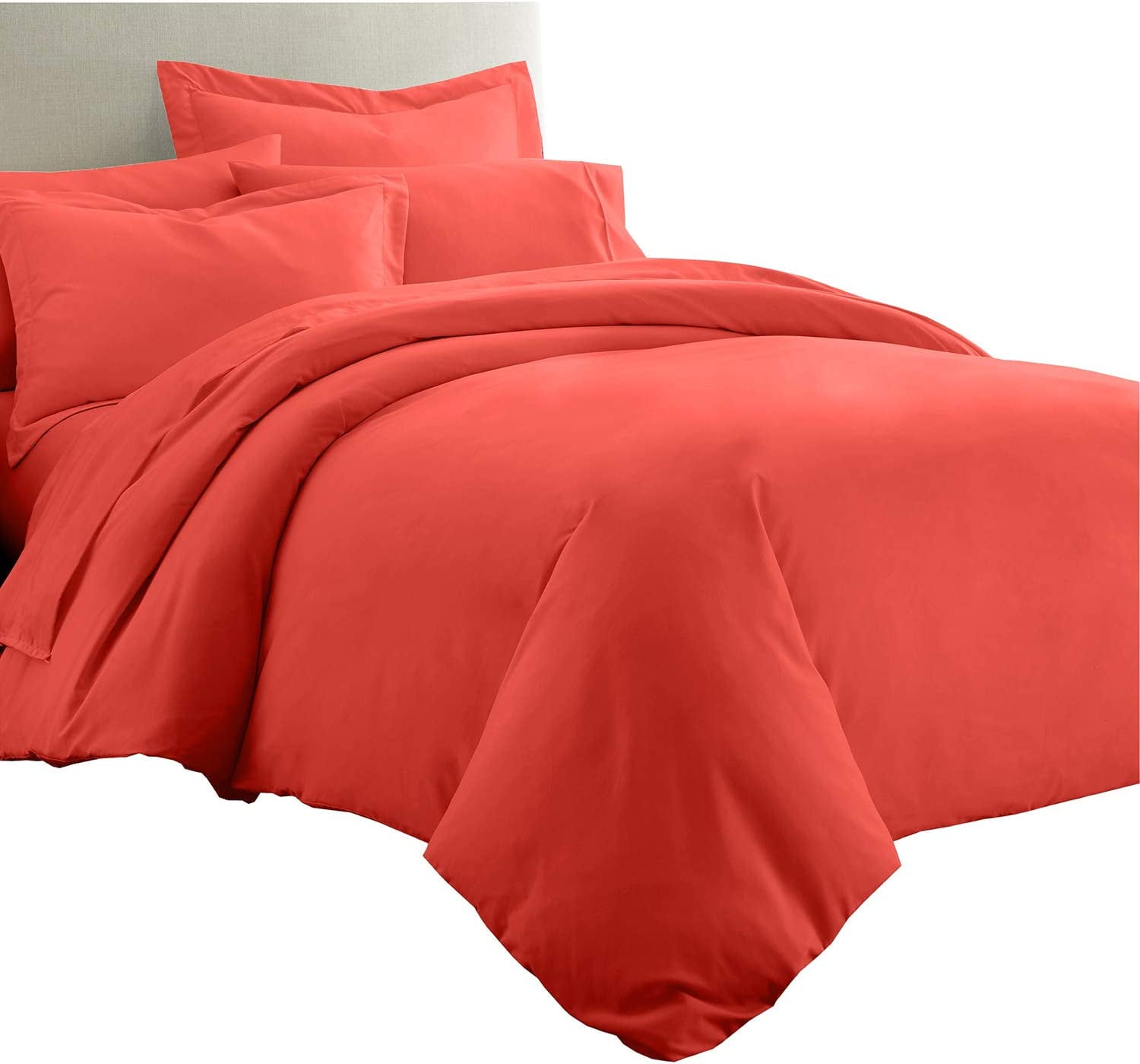 Sheetsnthings 8pc Bed in a Bag Set: Queen Size, Viscose from Bamboo, Solid Coral (Sheet Set & Duvet Cover Set) + White Down Alternative Comforter
