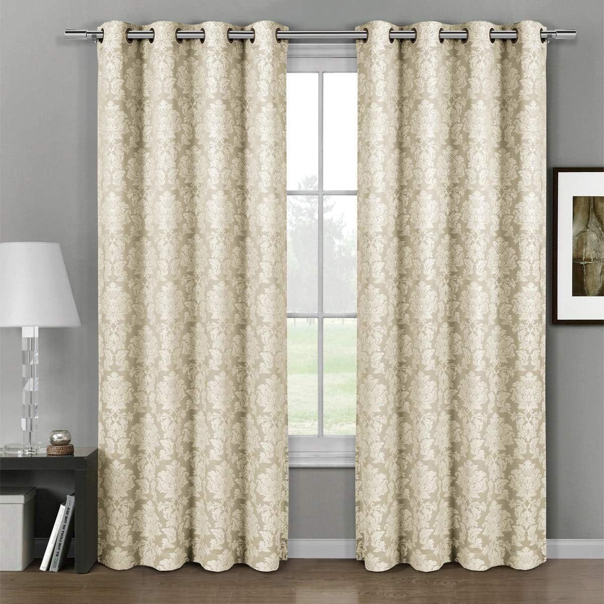Sheetsnthings Aryanna 108-Inch Wide x 84-Inch Long, Jacquard Set of 2 Blackout Grommet Top Curtains, Beige