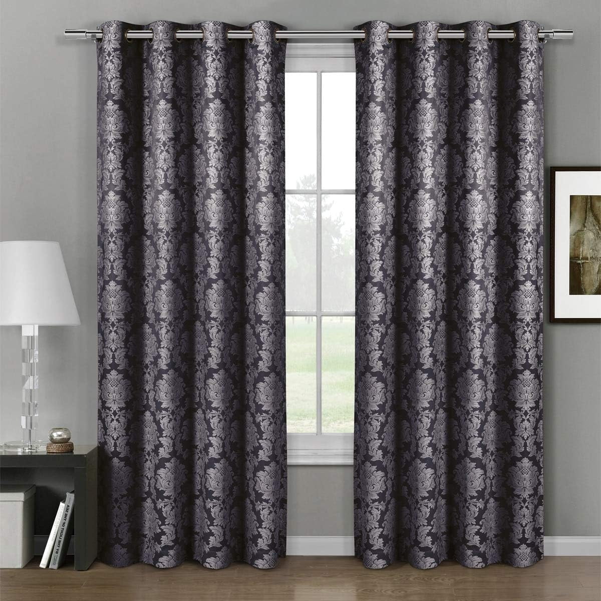 Sheetsnthings Aryanna 108-Inch Wide x 84-Inch Long, Jacquard Set of 2 Blackout Grommet Top Curtains, Charcoal