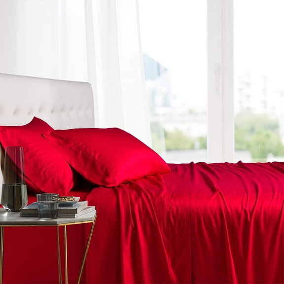 Sheetsnthings Bamboo Viscose Bed Sheets (Queen, Solid Red) Super Soft and Cool 4PC Sheet Set