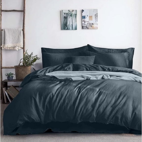 Sheetsnthings Belgian Flax Linen-Cotton Blend 5PC Bed Set Includes: Sheets Set with a Duvet Cover Set, Pre-Washed Linen Cotton, Breathable Percale Weave 150 GSM (Twin XL Size, Charcoal)