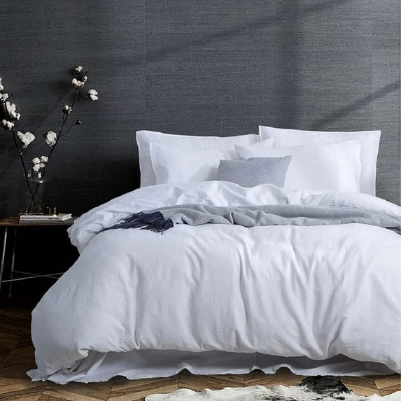 Sheetsnthings Belgian Flax Linen-Cotton Blend 7PC Bed Set Includes: Sheets Set with a Duvet Cover Set, Pre-Washed Linen Cotton, Breathable Percale Weave 150 GSM (King Size, White)