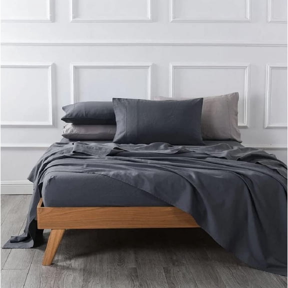Sheetsnthings Belgian Flax Linen and Cotton Blend Bed Sheets, Pre-Washed Linen Cotton, Breathable Percale Weave 150 GSM, 4pc Sheet Set (California King, Charcoal)