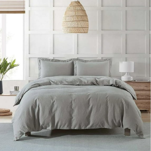 Sheetsnthings Belgian Flax Linen-Cotton Blend Medium Warmth 4PC Bedding Set Includes: Duvet Cover Set with Down Alternative Comforter, (Full/Queen, Grey)