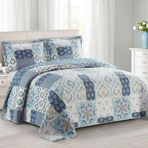 Sheetsnthings Bellflower Blue Reversible Coverlets, Full/Queen Over-Sized 3pc Quilt Set (92-Inch Wide x 96-Inch Long) Lightweight Bedspread