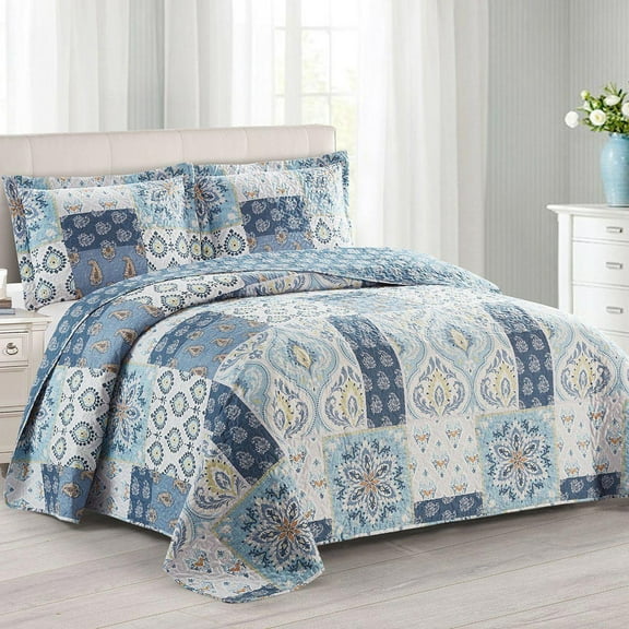 Sheetsnthings Bellflower Blue Reversible Coverlets, King/California King Over-Sized 3pc Quilt Set (110-Inch Wide x 96-Inch Long) Lightweight Bedspread