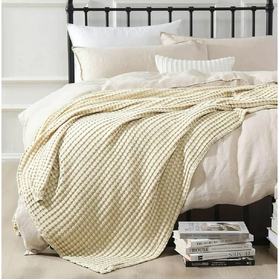 Sheetsnthings Cozy Viscose from Bamboo-Cotton Blend Waffle Blanket (Twin/Twin XL Size 68x90 , Beige) Lightweight and Breathable for Year Round Use