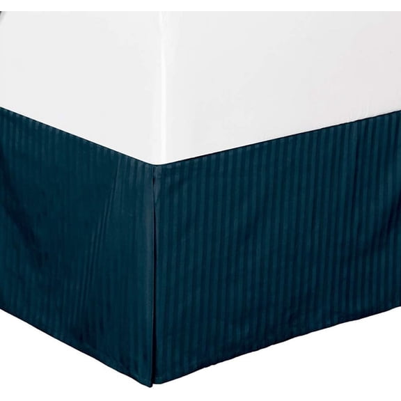 Sheetsnthings Damask Striped 300-Thread-Count, 100% Cotton King Pleated Tailored, 15-Inch Drop, Split Corners Bed Skirt, Navy