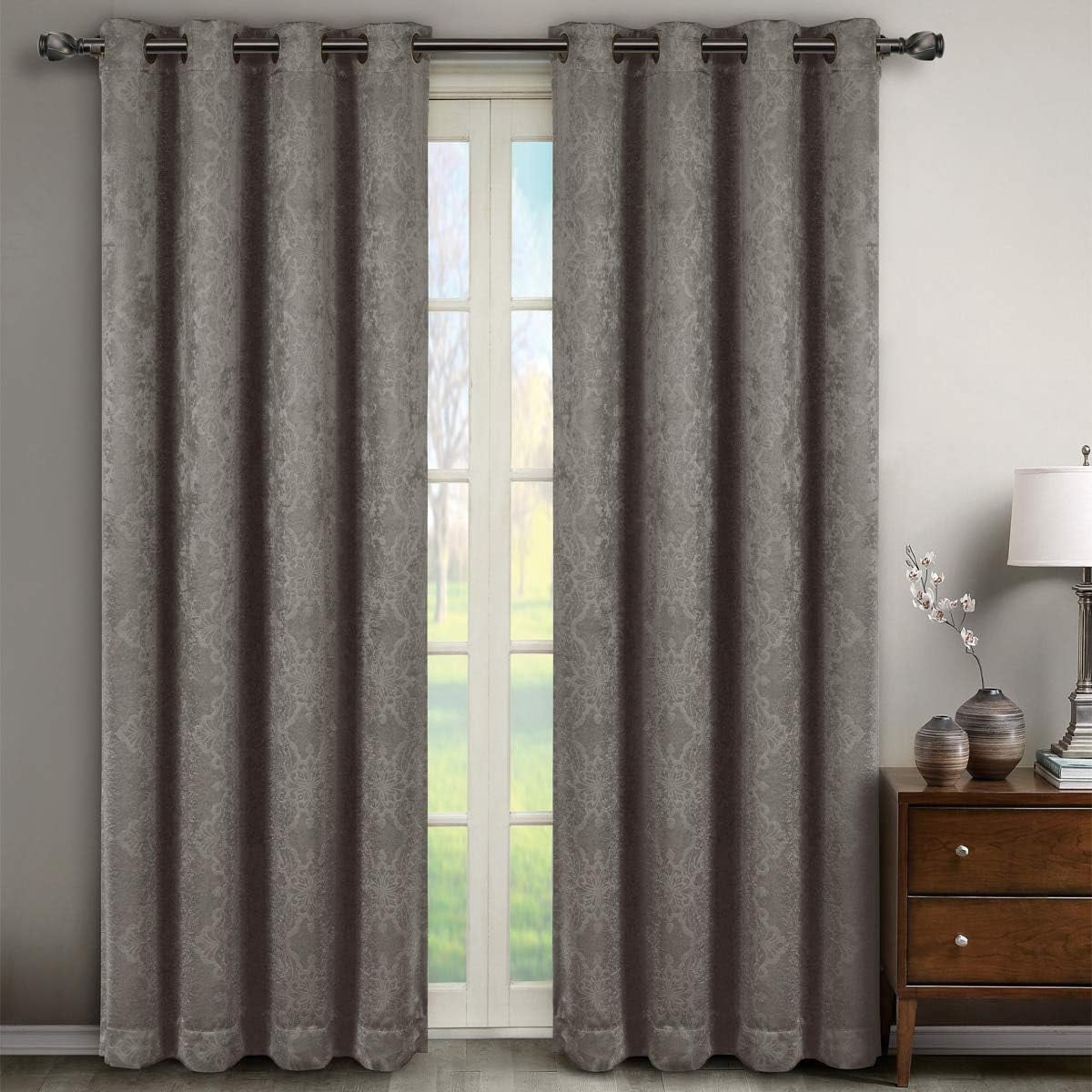 Sheetsnthings Embossed Bella 52-Inch Wide x 108-Inch Long Panel, Set of 2 Grommet Top Blackout Curtain Panels, Grey