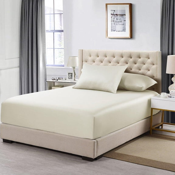 Sheetsnthings Fitted Sheet with Pillowcases- 608 Thread Count Pure Cotton (Queen Size- Ivory) Luxurious Bed Linens Made in Egypt