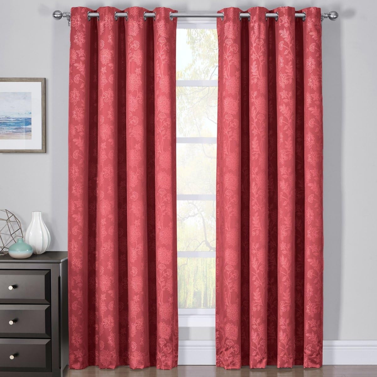 Sheetsnthings Floral Fannie 54-Inch Wide x 96-Inch Long Panel, Set of 2 Jacquard Thermal Insulated Blackout Curtains, Burgundy-Red