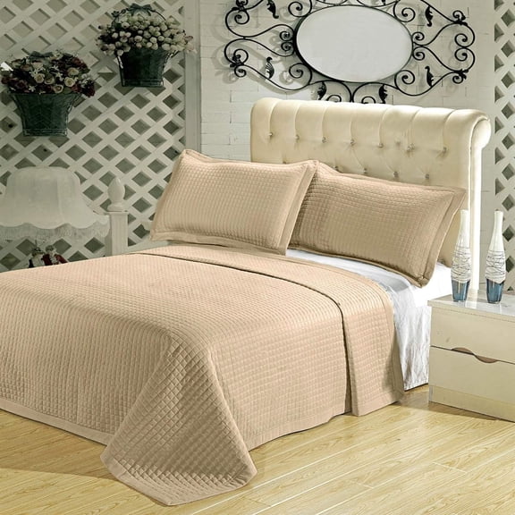 Sheetsnthings Luxury Checkered Quilted Wrinkle Free Microfiber 3 Piece Coverlets Set (Beige, Full/Queen)