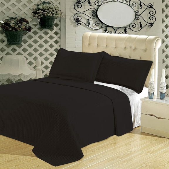 Sheetsnthings Luxury Checkered Quilted Wrinkle Free Microfiber 3 Piece Coverlets Set (Black, Full/Queen)