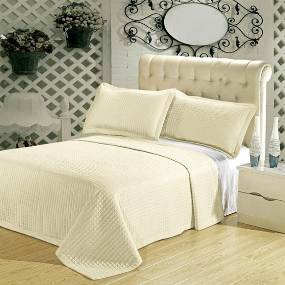 Sheetsnthings Luxury Checkered Quilted Wrinkle Free Microfiber 3 Piece Coverlets Set (Ivory, Full/Queen)