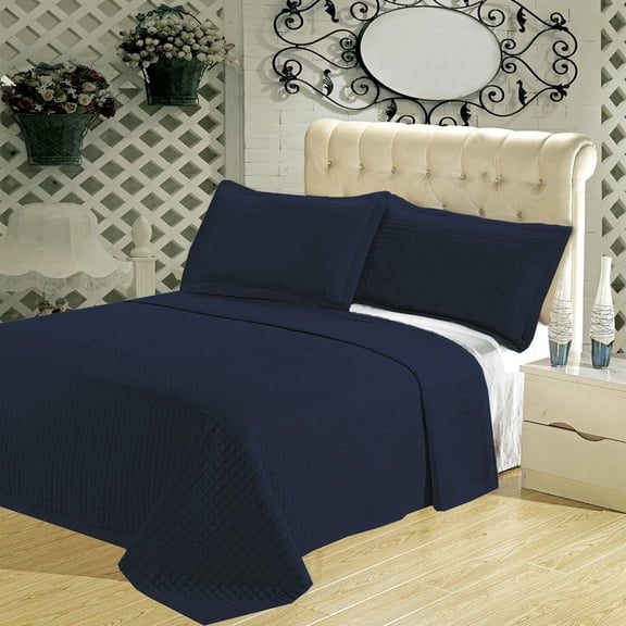 Sheetsnthings Luxury Checkered Quilted Wrinkle Free Microfiber 3 Piece Coverlets Set (Navy, Full/Queen)