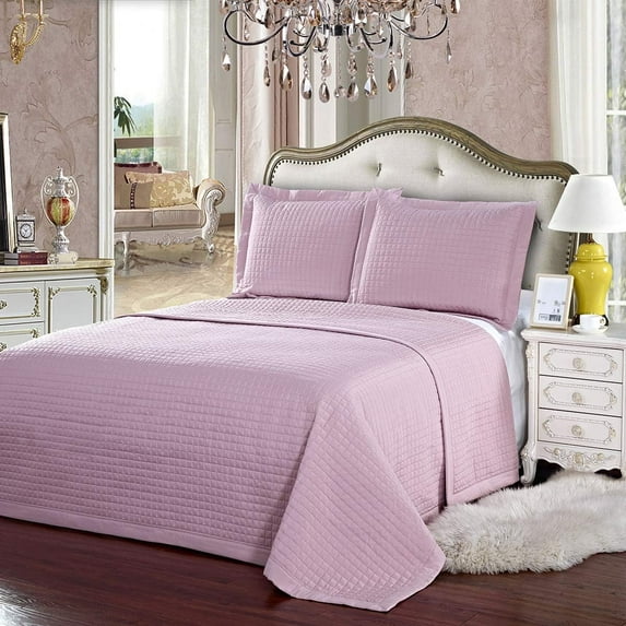 Sheetsnthings Luxury Checkered Quilted Wrinkle Free Microfiber 3 Piece Coverlets Set (Pink, Full/Queen)